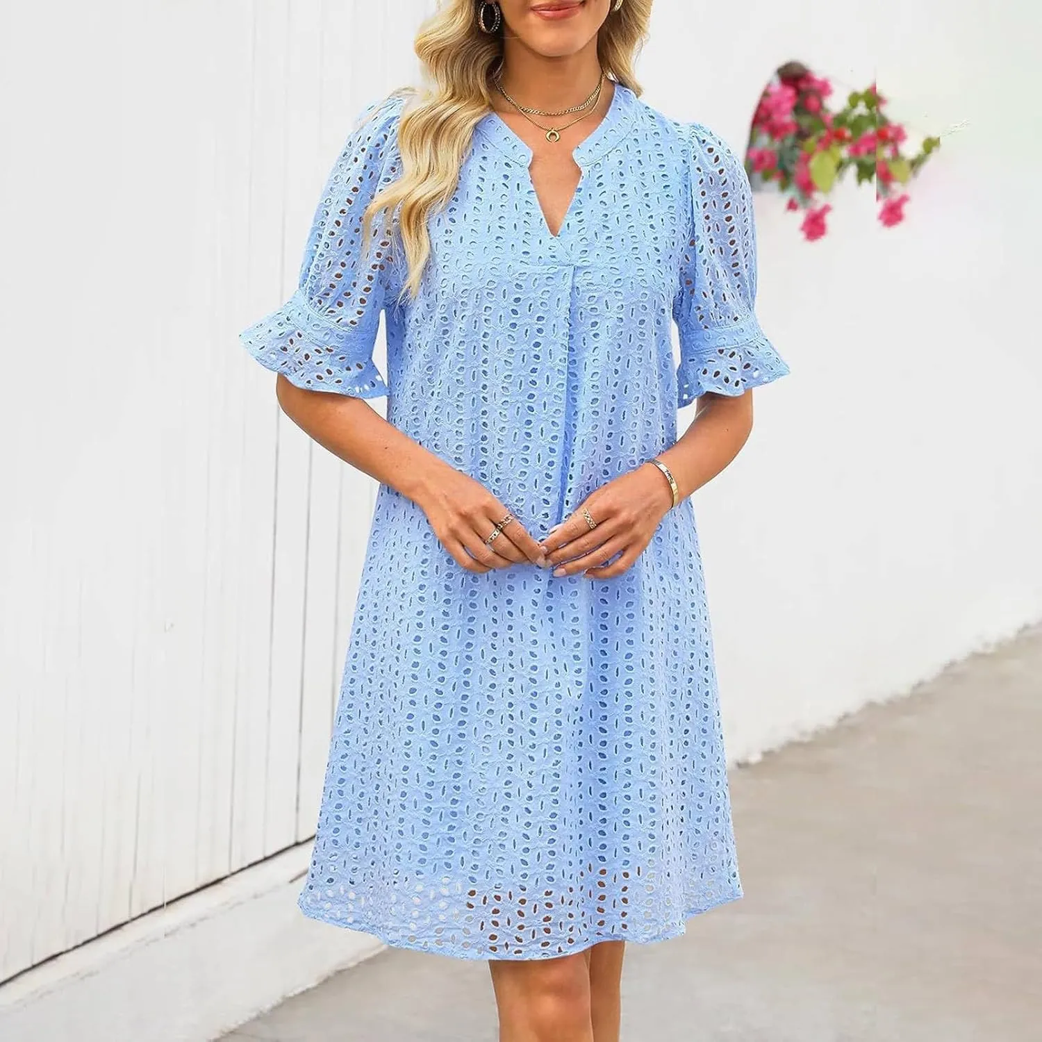 Summer Dresses for Women Solid Color Elegant Short Sleeve V Neck Casual Wrap Beach Dresses Tea