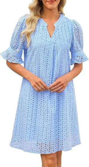 Summer Dresses for Women Solid Color Elegant Short Sleeve V Neck Casual Wrap Beach Dresses Tea