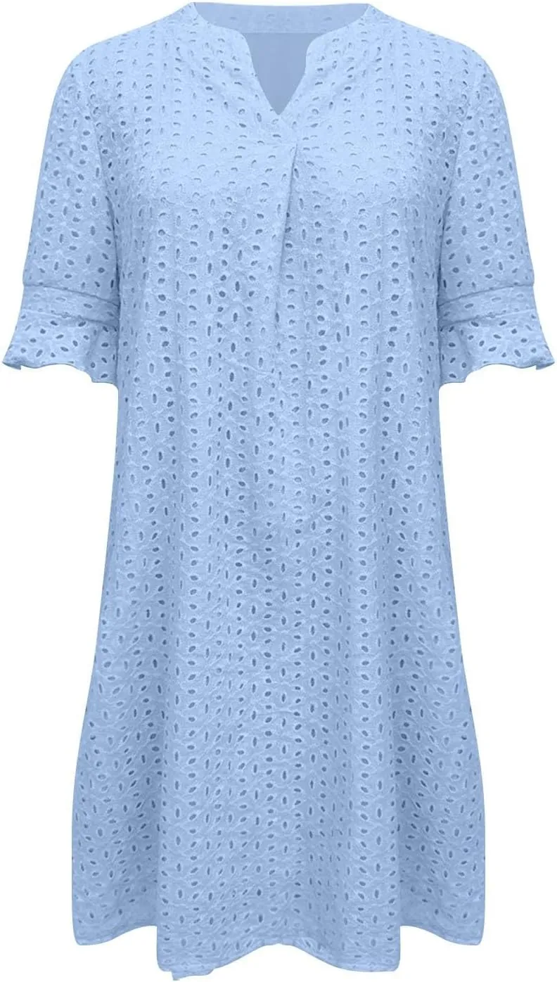 Summer Dresses for Women Solid Color Elegant Short Sleeve V Neck Casual Wrap Beach Dresses Tea