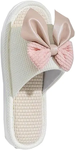 Summer House Slippers for Women, Ultra Soft Breathable Slippers Open Toe Bedroom Shoes for Girl Bowtie-White