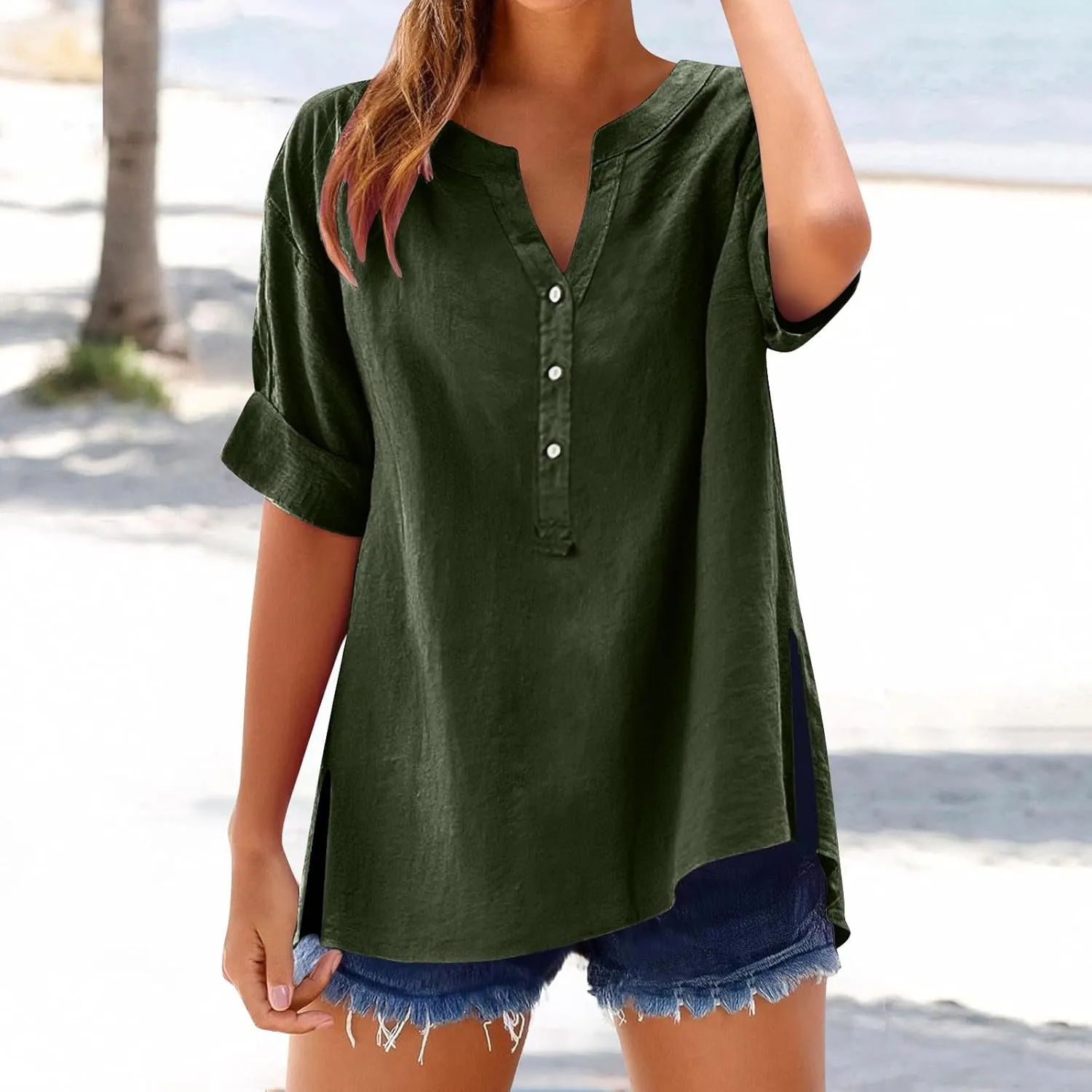Summer Linen Tops for Women Trendy 2025 Roll Up Short Sleeve Button V Neck Tunic Shirts Oversized Plus Size Blouses