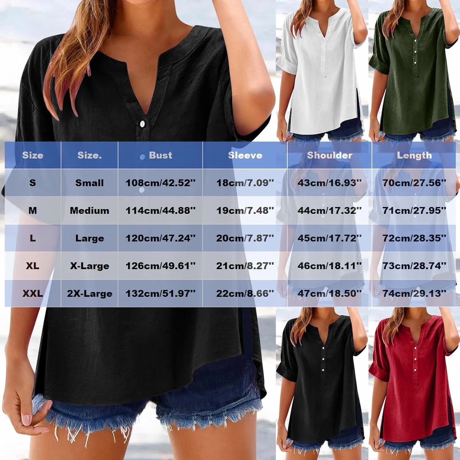 Summer Linen Tops for Women Trendy 2025 Roll Up Short Sleeve Button V Neck Tunic Shirts Oversized Plus Size Blouses