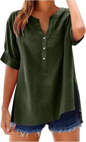 Summer Linen Tops for Women Trendy 2025 Roll Up Short Sleeve Button V Neck Tunic Shirts Oversized Plus Size Blouses