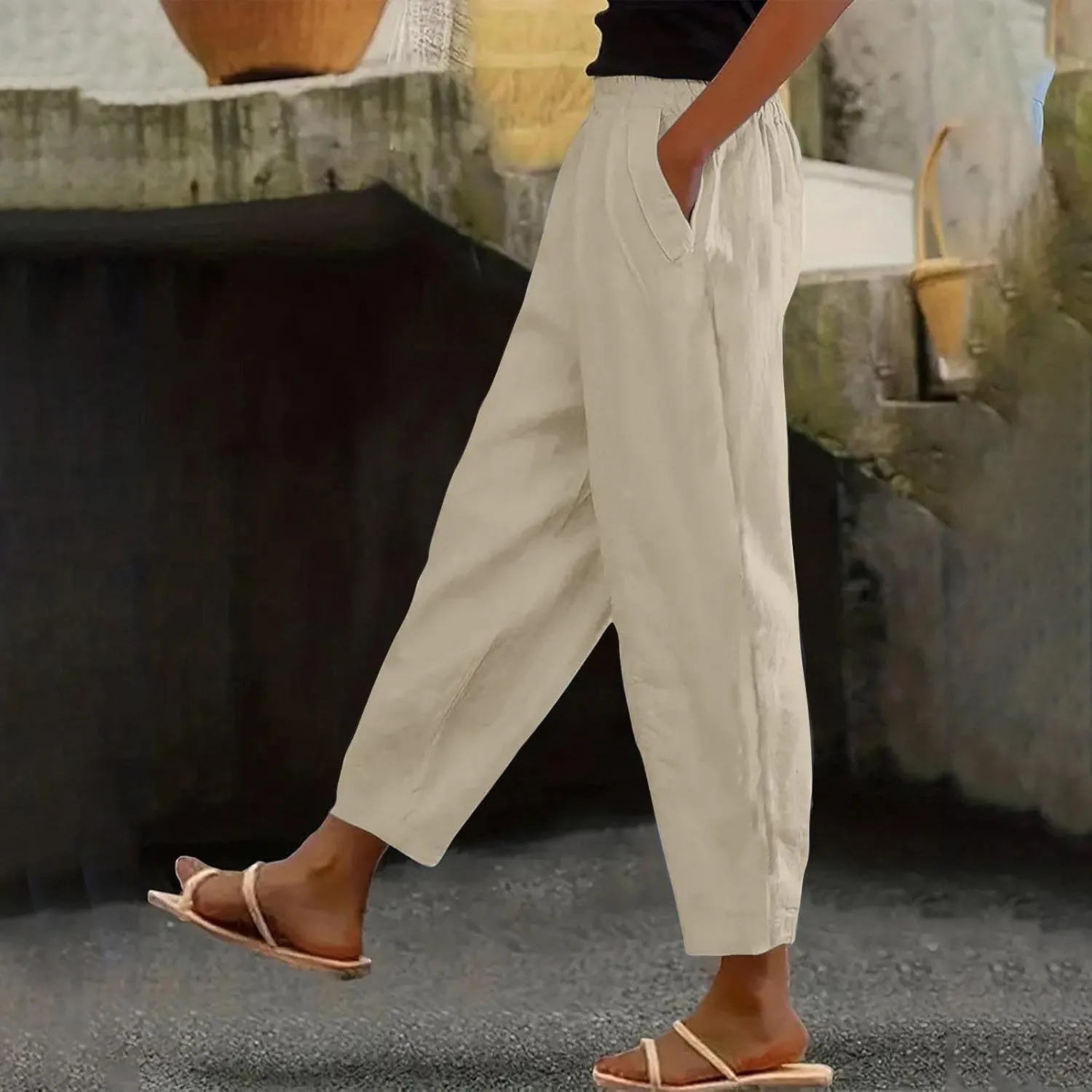 Summer Pants for Women 2024 Casual Baggy High Waist Beach Lounge Pants Loose Fit Wide Leg Capris Linen Pants Trousers