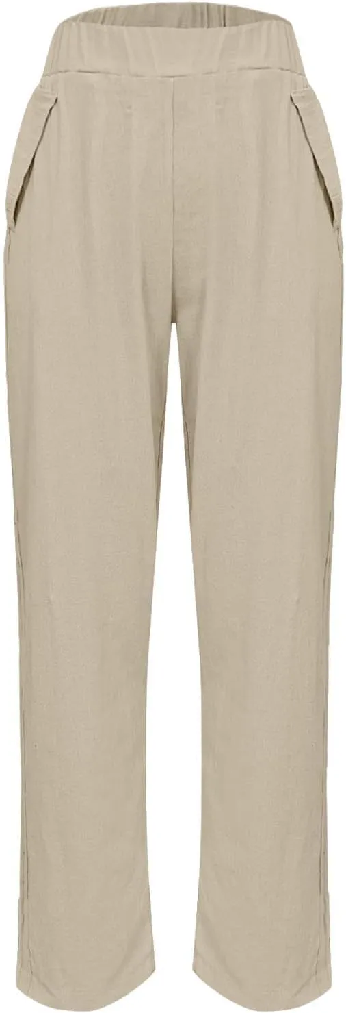 Summer Pants for Women 2024 Casual Baggy High Waist Beach Lounge Pants Loose Fit Wide Leg Capris Linen Pants Trousers