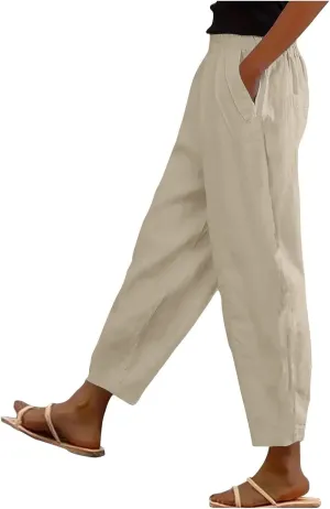 Summer Pants for Women 2024 Casual Baggy High Waist Beach Lounge Pants Loose Fit Wide Leg Capris Linen Pants Trousers