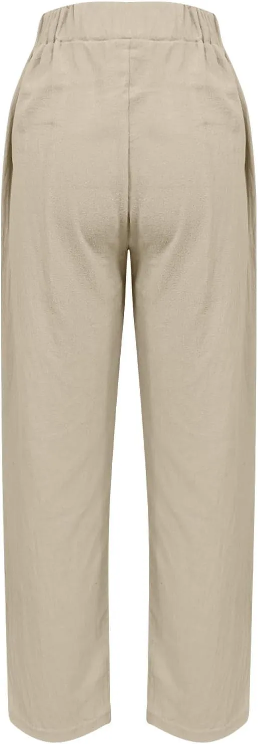 Summer Pants for Women 2024 Casual Baggy High Waist Beach Lounge Pants Loose Fit Wide Leg Capris Linen Pants Trousers