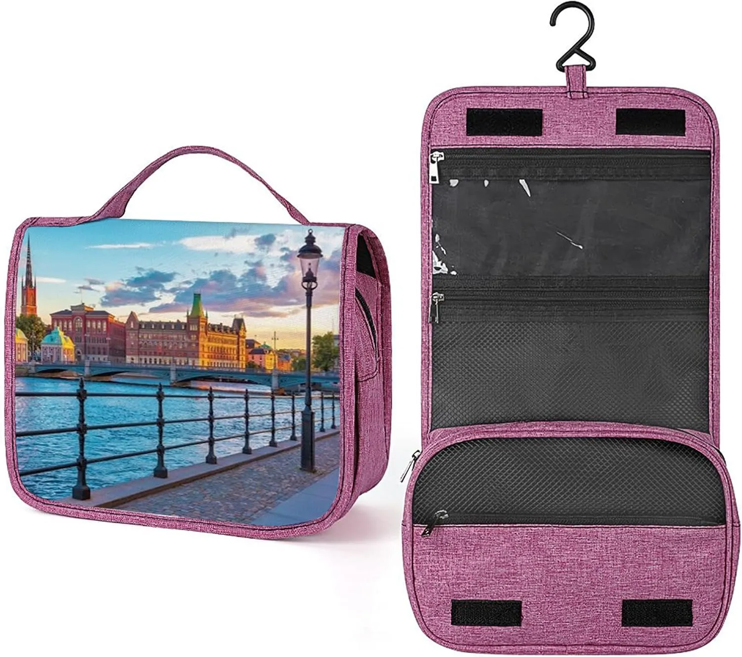 Summer,Makeup Bag Cosmetic Travel Bag with Hanging Hook,Scenic Summer Sunset,Water-resistant Make Up Bag Organizer for Accessories,Brushes,Sponge,Full-size Container,Toiletries,Blue, Blue_16