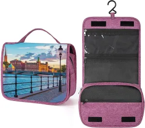 Summer,Makeup Bag Cosmetic Travel Bag with Hanging Hook,Scenic Summer Sunset,Water-resistant Make Up Bag Organizer for Accessories,Brushes,Sponge,Full-size Container,Toiletries,Blue, Blue_16