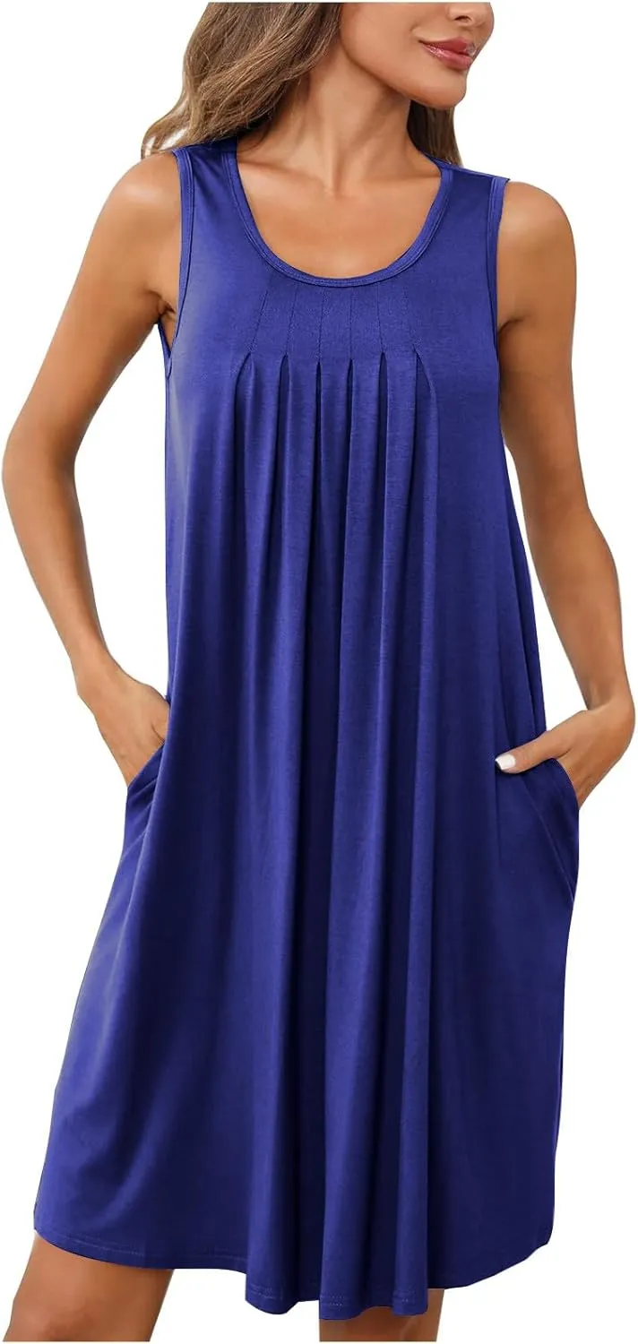 Sun Dresses for Women 2025 Summer Vacation Ruched Tank Dresses Casual Sleeveless Pleated Mini Dress with Pockets