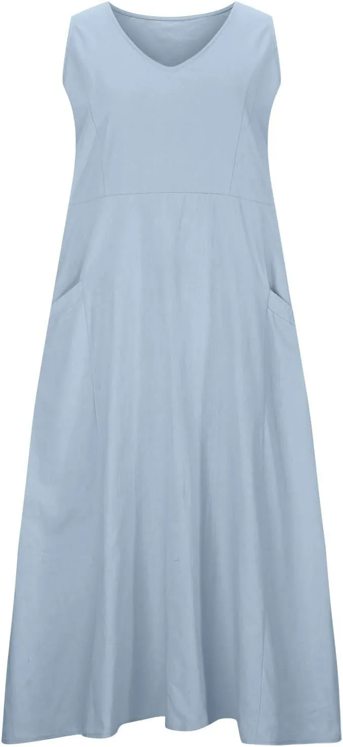 Sun Dresses Women Summer Casual Sexy Sleeveless Cotton Linen Scoop Neck Ruffle Flowy Long Maxi Dress with Pockets