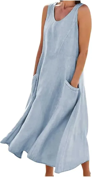 Sun Dresses Women Summer Casual Sexy Sleeveless Cotton Linen Scoop Neck Ruffle Flowy Long Maxi Dress with Pockets
