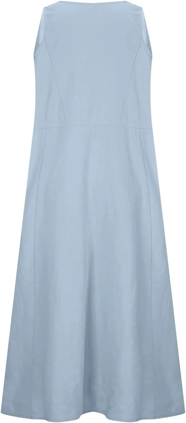 Sun Dresses Women Summer Casual Sexy Sleeveless Cotton Linen Scoop Neck Ruffle Flowy Long Maxi Dress with Pockets