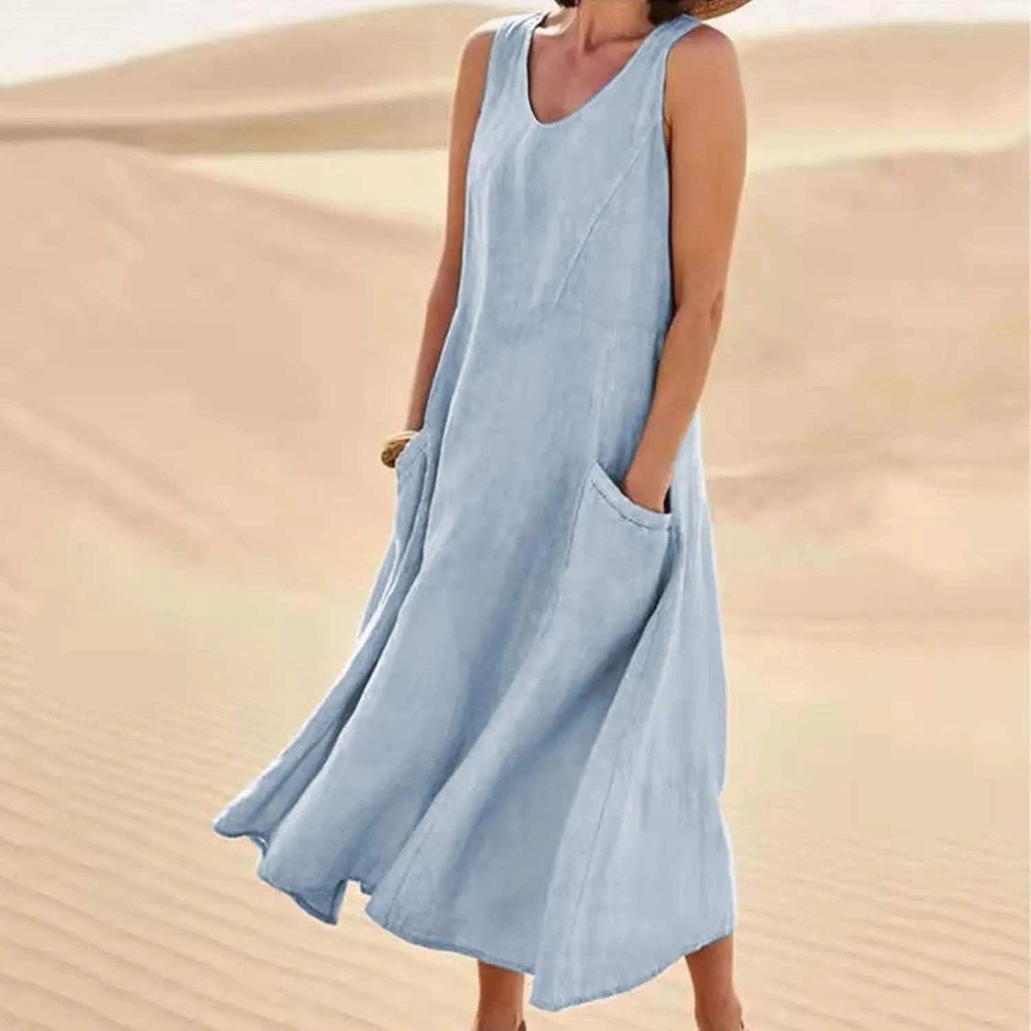 Sun Dresses Women Summer Casual Sexy Sleeveless Cotton Linen Scoop Neck Ruffle Flowy Long Maxi Dress with Pockets