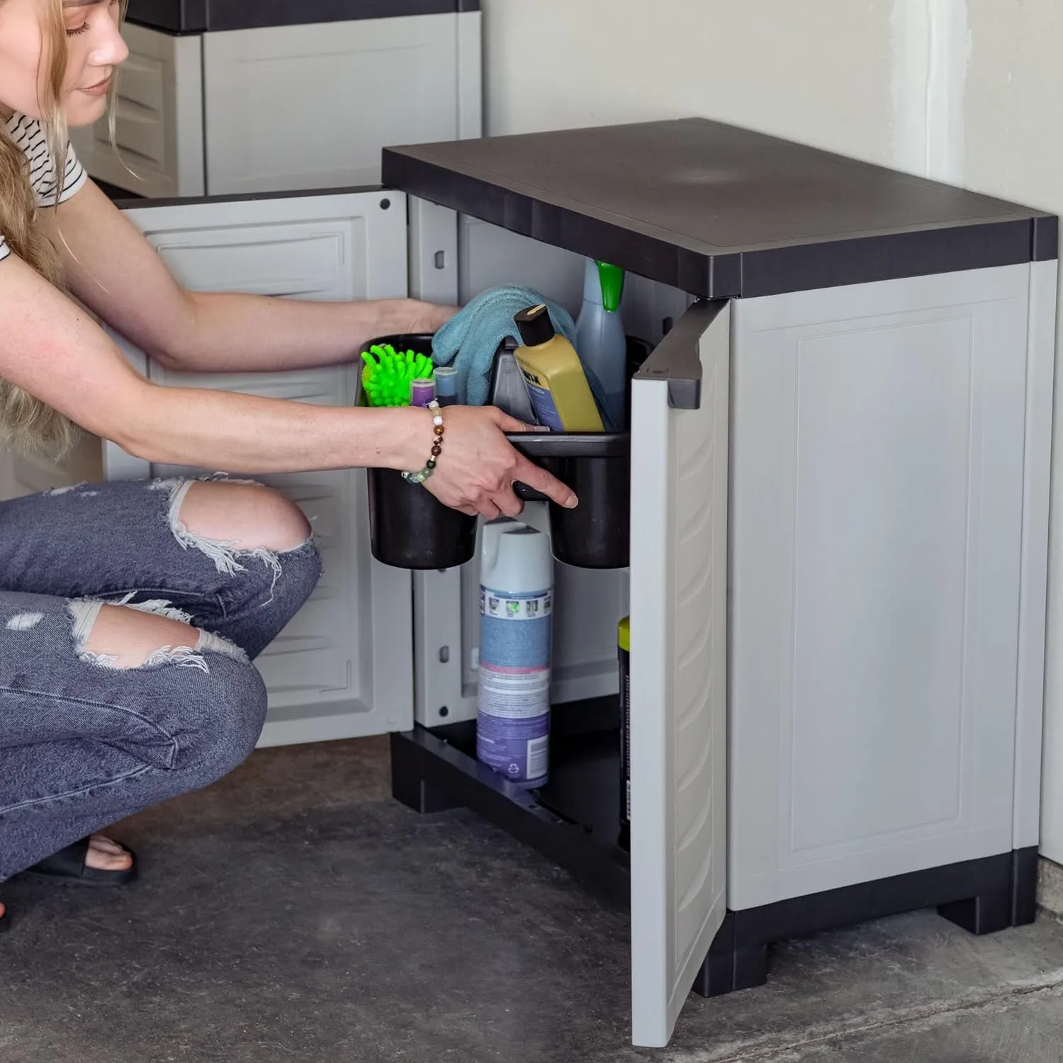 Sunnydaze Freestanding Garage Storage Cabinet with Doors - Indoor or Outdoor Storage Cabinet - 25.5" H - Garage, Office, Home, Laundry Room - Gray