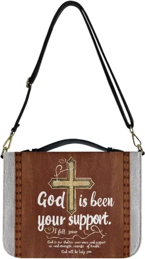Suobstales Cross Pattern Bible Cover for Women Men God is Been Your Support PU Leather Bible Tote Bag Large Capacity Study Bible Bag with Shoulder Strap Waterproof Bible Carrying Case Church Bag, M