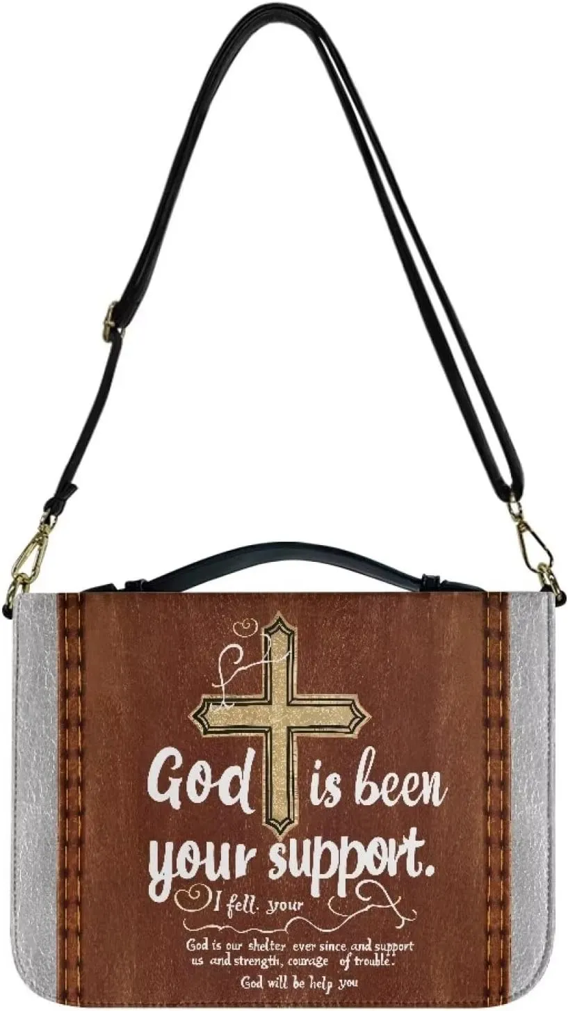 Suobstales Cross Pattern Bible Cover for Women Men God is Been Your Support PU Leather Bible Tote Bag Large Capacity Study Bible Bag with Shoulder Strap Waterproof Bible Carrying Case Church Bag, M