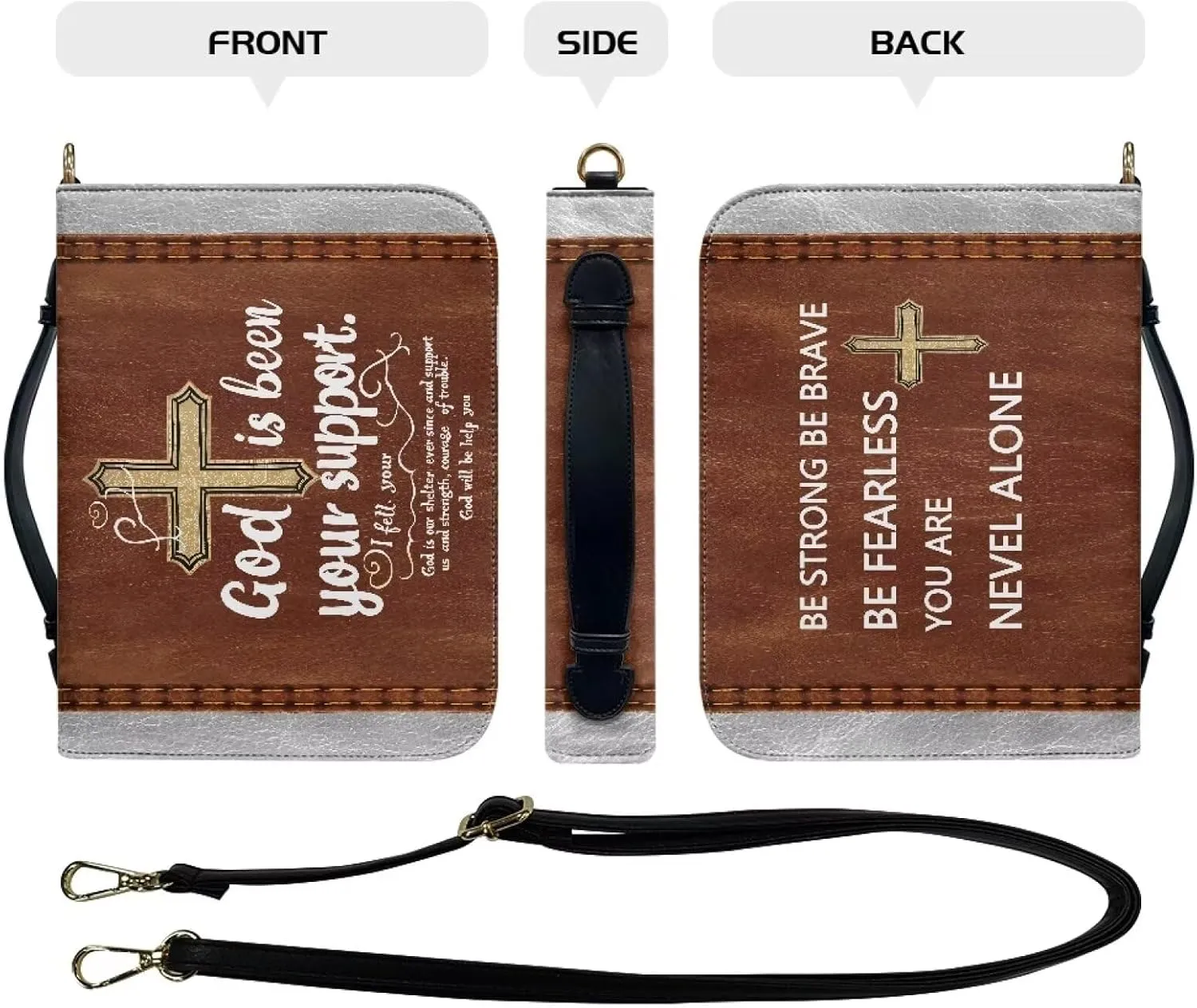 Suobstales Cross Pattern Bible Cover for Women Men God is Been Your Support PU Leather Bible Tote Bag Large Capacity Study Bible Bag with Shoulder Strap Waterproof Bible Carrying Case Church Bag, M