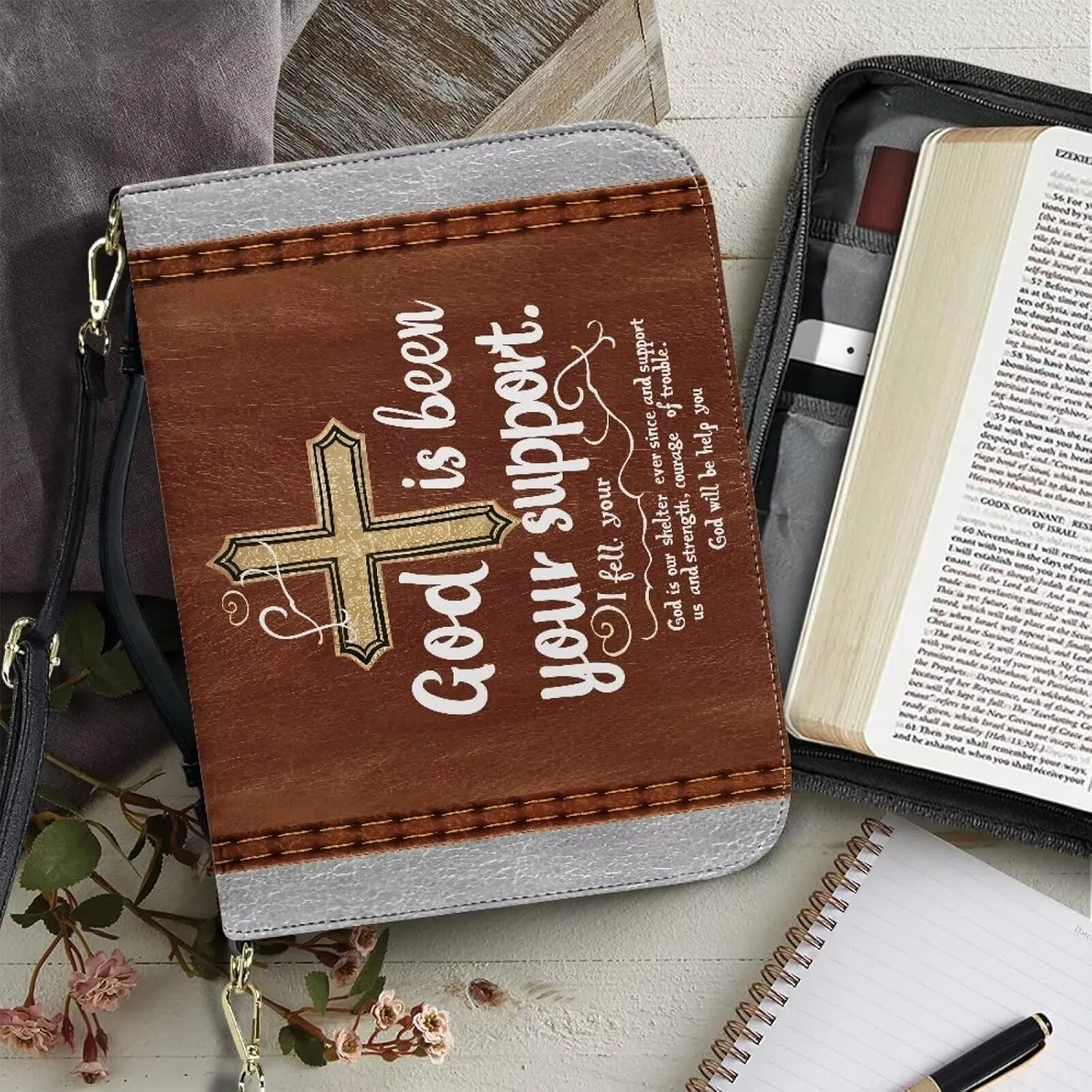 Suobstales Cross Pattern Bible Cover for Women Men God is Been Your Support PU Leather Bible Tote Bag Large Capacity Study Bible Bag with Shoulder Strap Waterproof Bible Carrying Case Church Bag, M