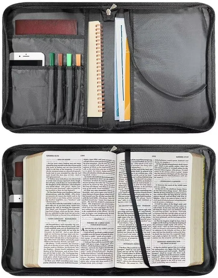 Suobstales Cross Pattern Bible Cover for Women Men God is Been Your Support PU Leather Bible Tote Bag Large Capacity Study Bible Bag with Shoulder Strap Waterproof Bible Carrying Case Church Bag, M