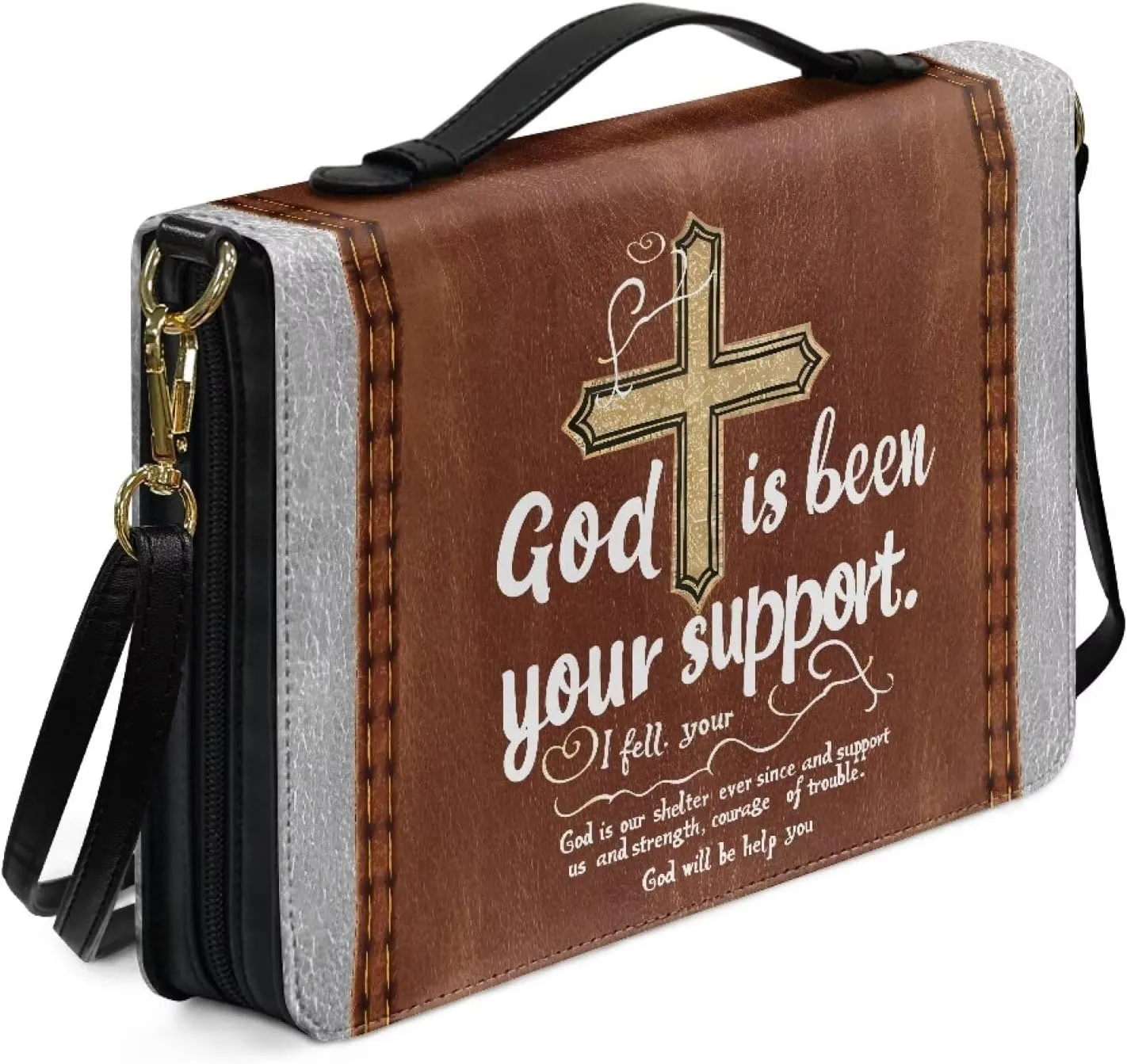 Suobstales Cross Pattern Bible Cover for Women Men God is Been Your Support PU Leather Bible Tote Bag Large Capacity Study Bible Bag with Shoulder Strap Waterproof Bible Carrying Case Church Bag, M