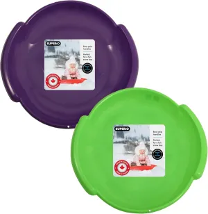 Superio Round Snow Saucer Sleds- 24" Plastic Disc Sleds for Kids and Adults- Heavy Duty Sled Discs with Handles for Downhill Sledding, Winter Outdoor Sports, 2 Pack (Green-Purple)