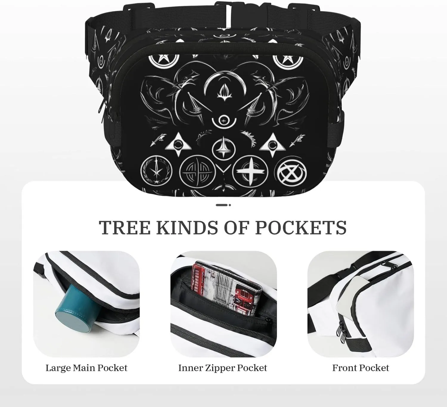 Supernatural Symbols Black Everywhere Belt Bag For Women Men, Zipper Pockets Crossbody Fanny For Hiking, Cycling