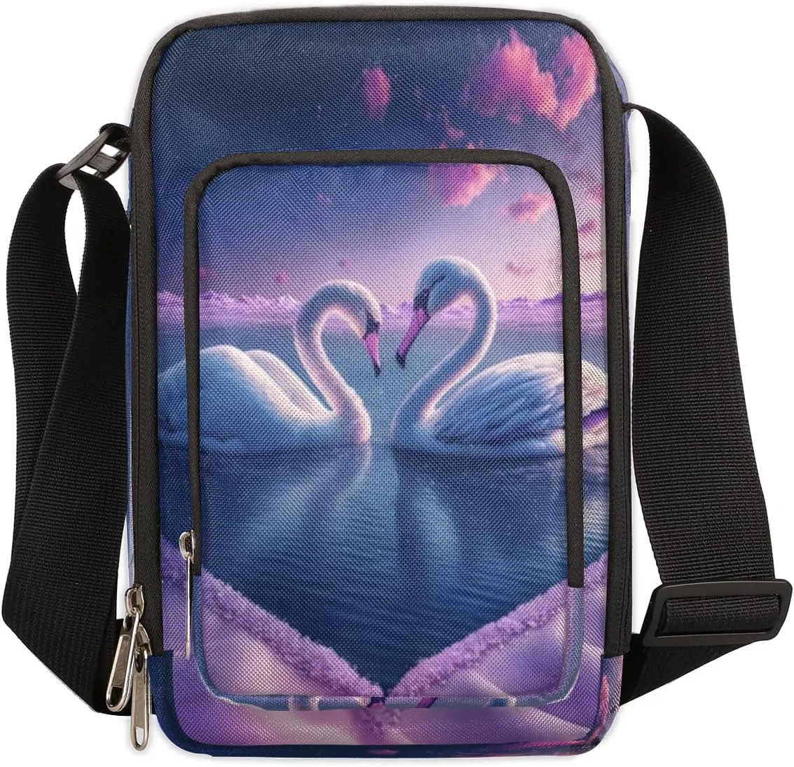 Swan Love Romance Crossbody Bag Small Sling Bag for Women and Men with Adjustable Shoulder Strap and Zipper Waterproof Fanny Pack for Working Traveling Hiking