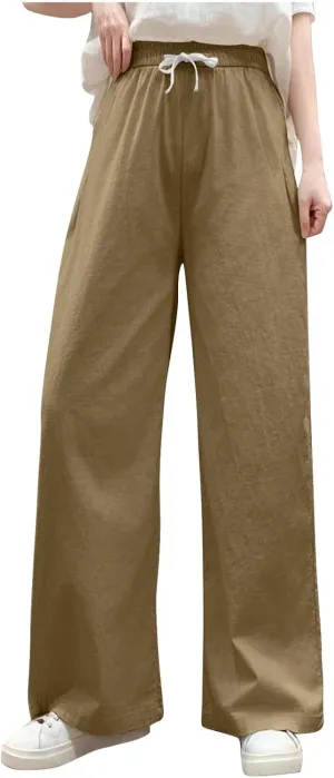Sweatpants for Women Cotton Linen Slim Comfy High Waisted Solid Casual Trousers Straight Leg Stretchy Baggy Pants