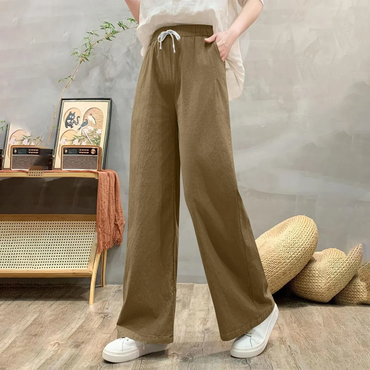 Sweatpants for Women Cotton Linen Slim Comfy High Waisted Solid Casual Trousers Straight Leg Stretchy Baggy Pants