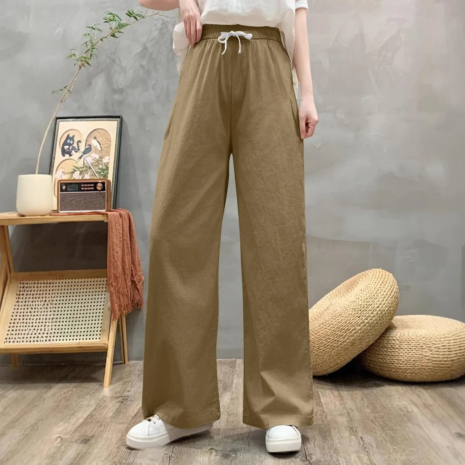 Sweatpants for Women Cotton Linen Slim Comfy High Waisted Solid Casual Trousers Straight Leg Stretchy Baggy Pants