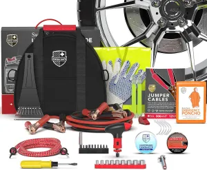 Swiss Safe 2-in-1 Survival Car Emergency Kit for Vehicles - Compact & Portable Car Safety Kit w/Travel Bag   Bonus Car First Aid Kit (378 Piece) - 12-Foot Jumper Cables - Auto Essentials