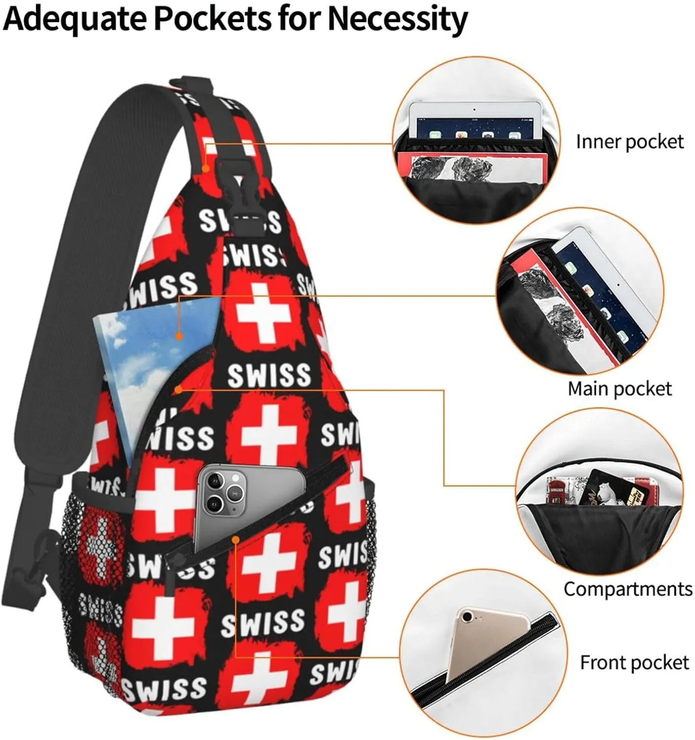 Switzerland Swiss Flag Crossbody Bags Sling Backpack Cross Chest Bag Sports Shoulder Bag Gym Fanny Pack Adjustable Cycling Daypack Diagonally Rucksack for Running