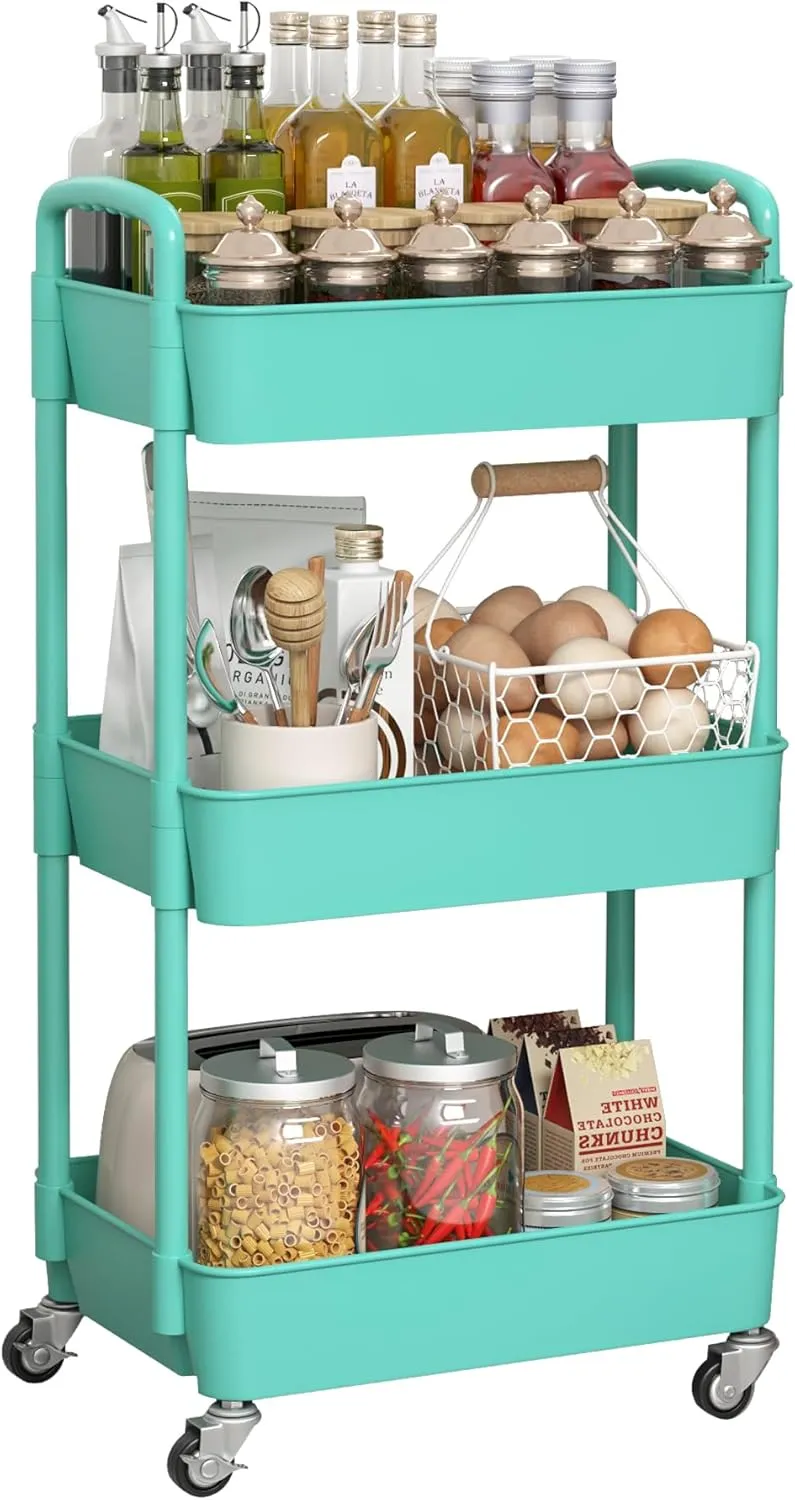 Sywhitta 3-Tier Plastic Rolling Utility Cart with Handle, Multi-Functional Storage Trolley for Office, Living Room, Kitchen, Movable Storage Organizer with Wheels, Green
