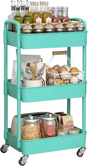 Sywhitta 3-Tier Plastic Rolling Utility Cart with Handle, Multi-Functional Storage Trolley for Office, Living Room, Kitchen, Movable Storage Organizer with Wheels, Green