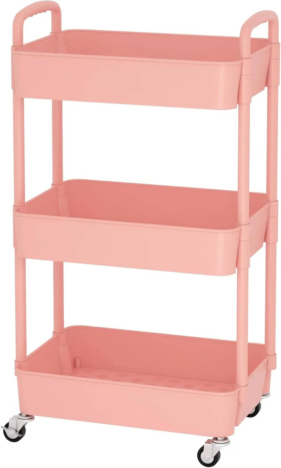 Sywhitta 3-Tier Plastic Rolling Utility Cart with Handle, Multi-Functional Storage Trolley for Office, Living Room, Kitchen, Movable Storage Organizer with Wheels, Pink