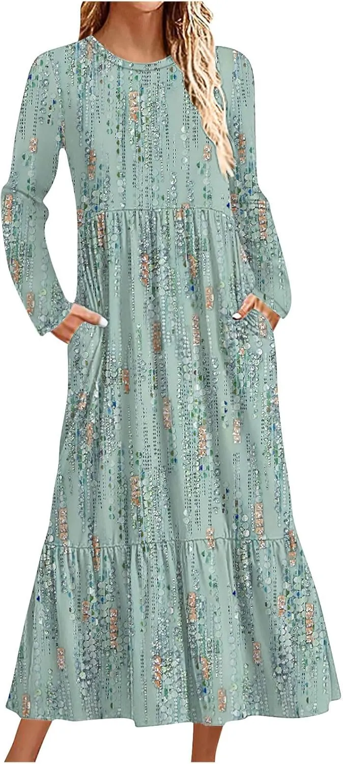 T Shirt Dresses for Women 2024 Vintage Long Sleeve Crewneck Boho Maxi Dress Casual Loose Tiered Ruffle Bohemian Dress