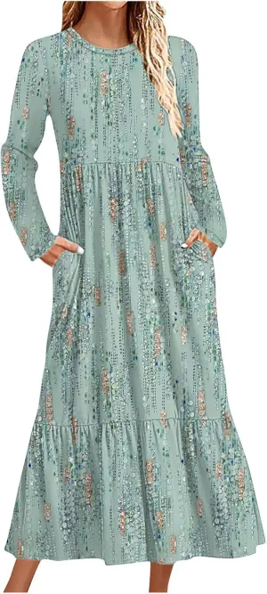 T Shirt Dresses for Women 2024 Vintage Long Sleeve Crewneck Boho Maxi Dress Casual Loose Tiered Ruffle Bohemian Dress