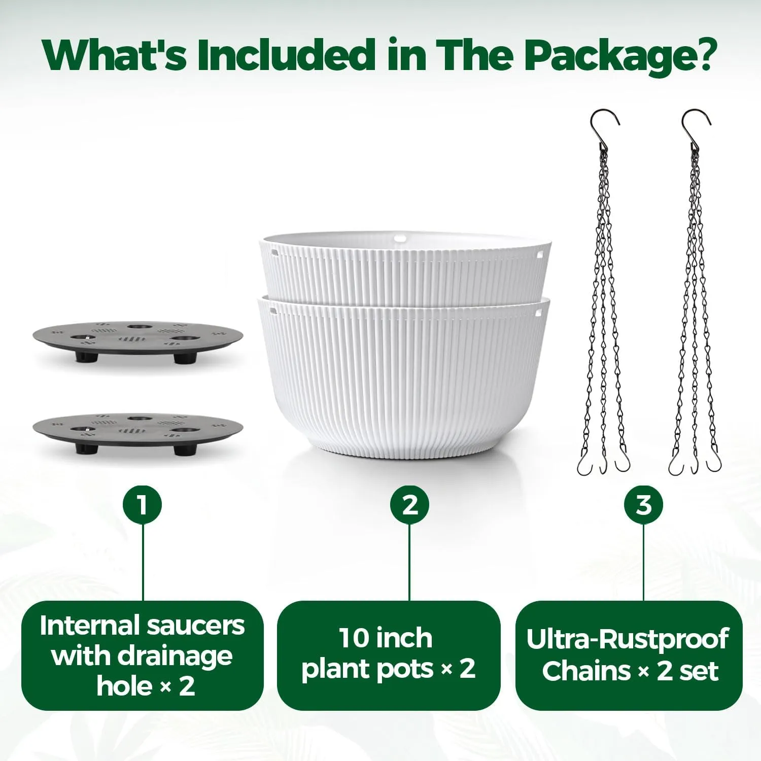 T4U 10 Inch Hanging Planters for Indoor Outdoor Plants, 2 Pack White Self Watering Hanging Plant Pot, Hanging Pots Set with Drainage Hole & Plug & Chain with 3 Hooks for Garden Home Decor