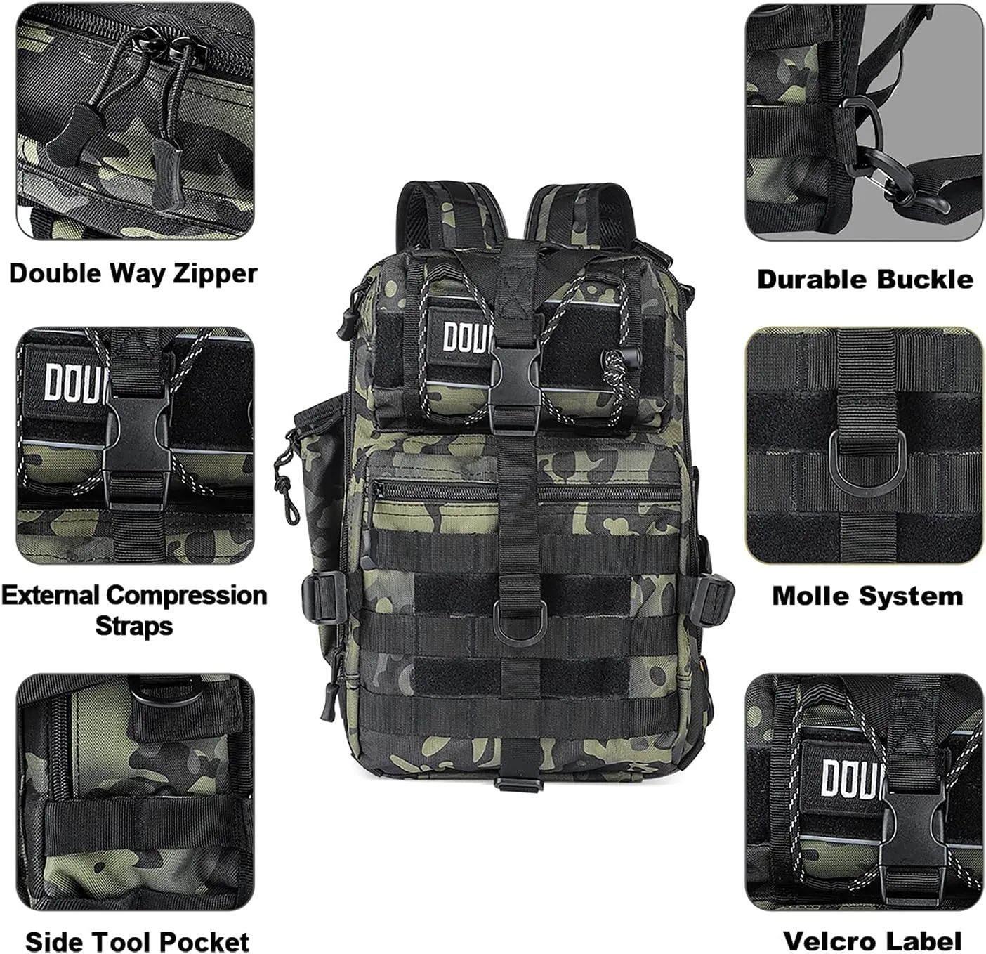 Tactical Backpack Medium EDC DayPack Military Molle Backpacks Bag Outdoor Rucksack for Fishing Hunting Camping (Black CP camo)