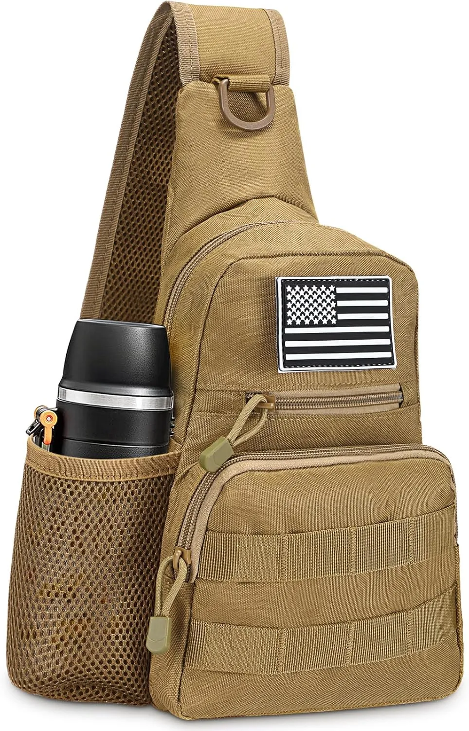 Tactical Sling Bag, Compact Military MOLLE EDC Shoulder Backpack, Crossbody Chest Daypack with Water Bottle Holder for Outdoor Travel (Khaki)