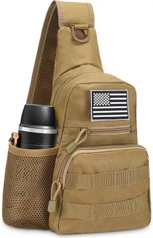Tactical Sling Bag, Compact Military MOLLE EDC Shoulder Backpack, Crossbody Chest Daypack with Water Bottle Holder for Outdoor Travel (Khaki)