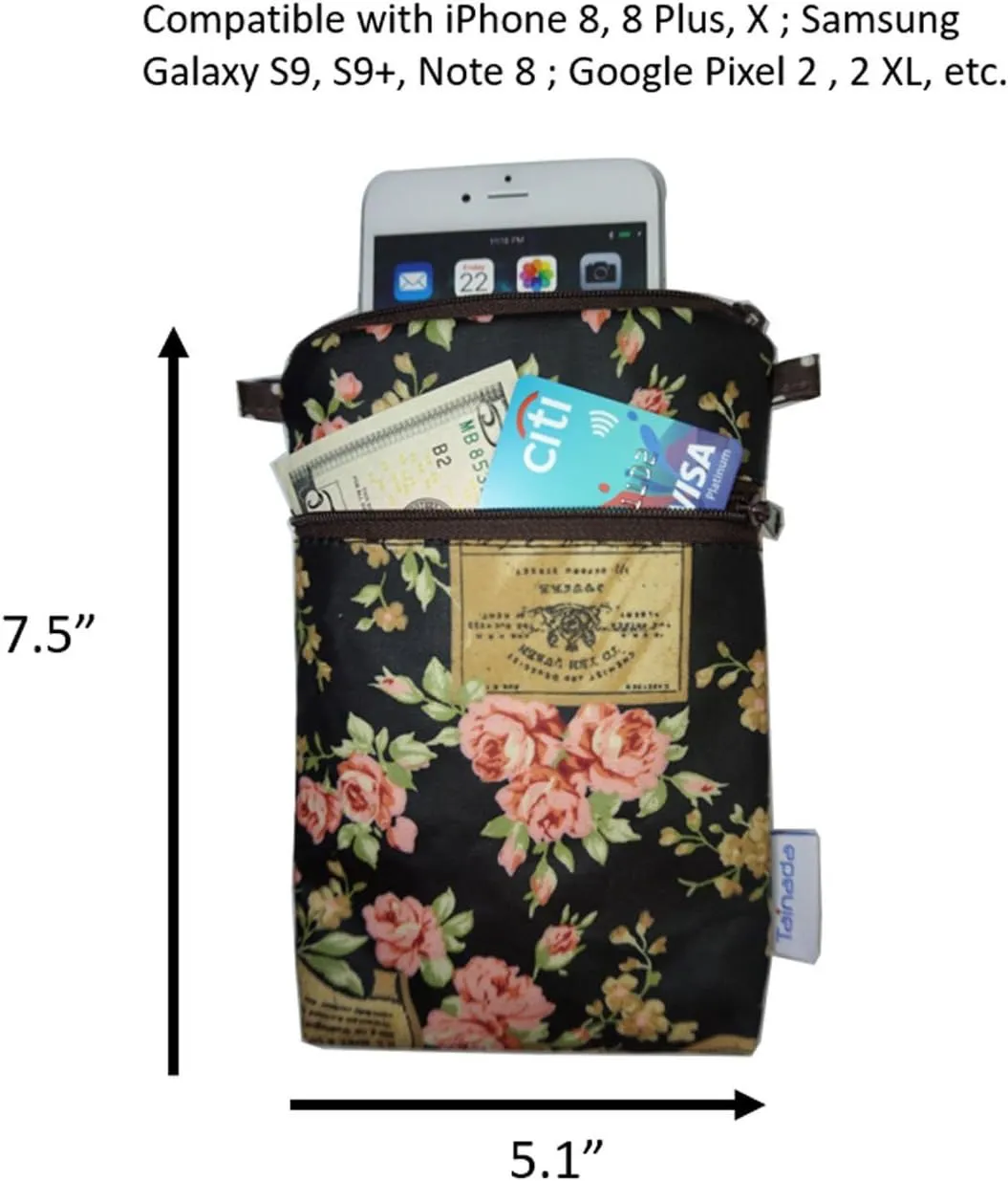 Tainada Women Crossbody Shoulder Travel Zippered Wallet Purse Clutch Phone Bag w/Detachable Strap (Floral Pattern Black)