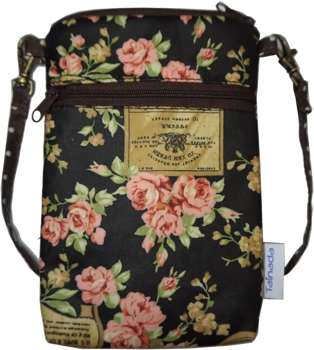 Tainada Women Crossbody Shoulder Travel Zippered Wallet Purse Clutch Phone Bag w/Detachable Strap (Floral Pattern Black)