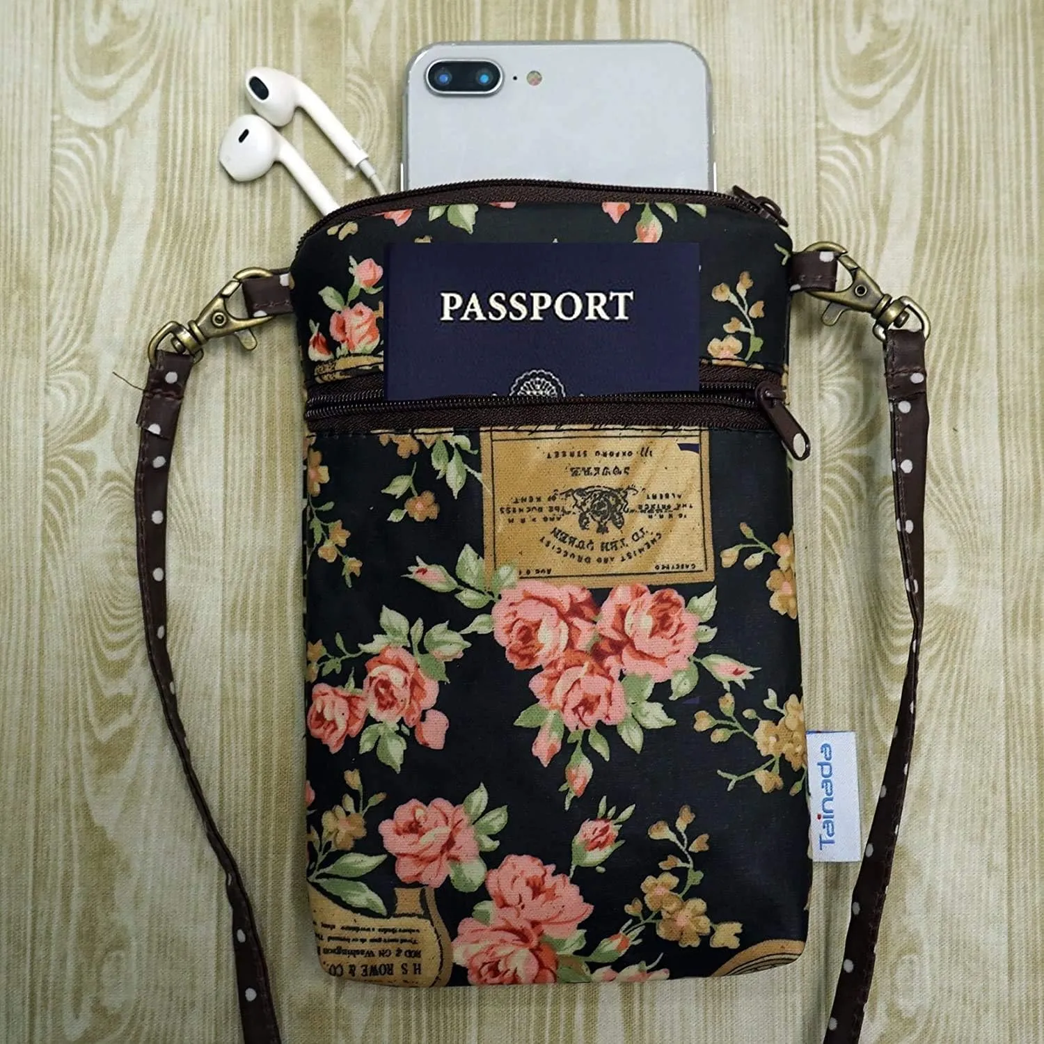 Tainada Women Crossbody Shoulder Travel Zippered Wallet Purse Clutch Phone Bag w/Detachable Strap (Floral Pattern Black)