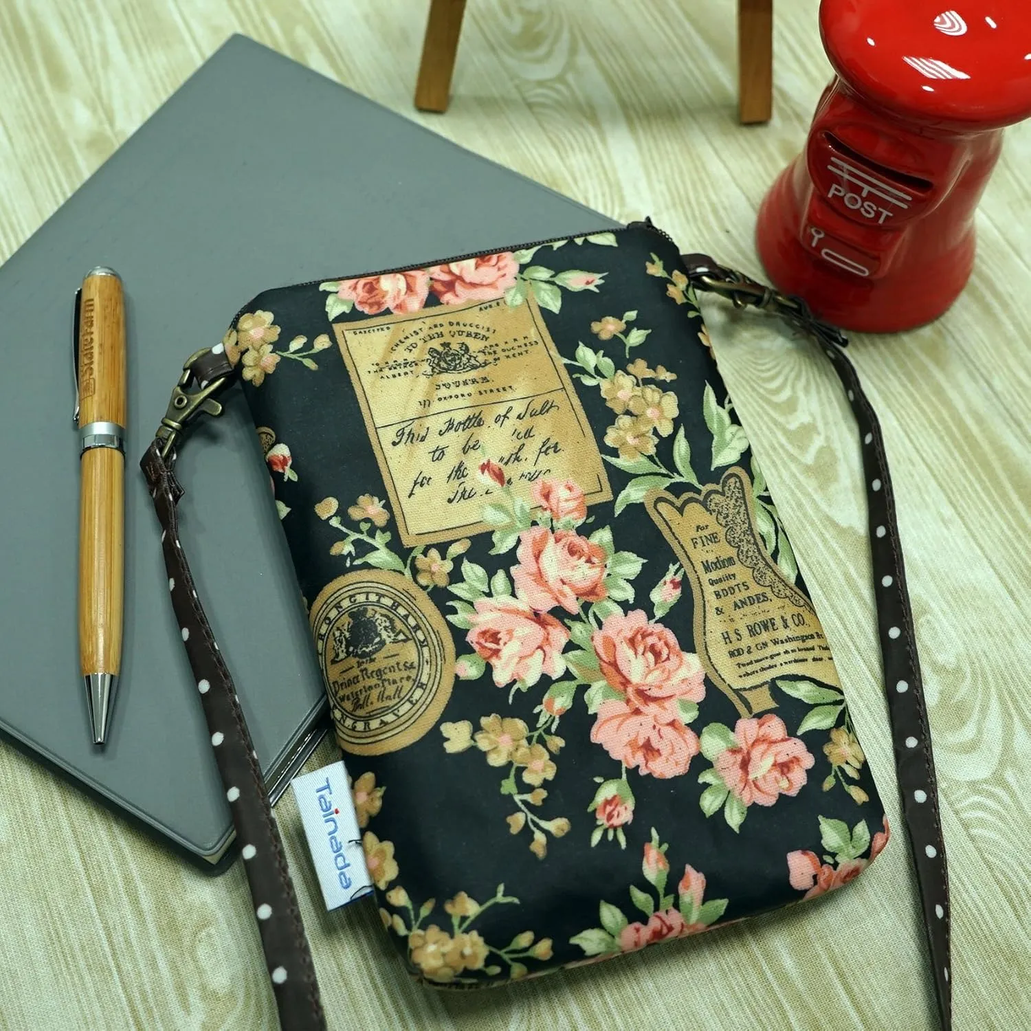 Tainada Women Crossbody Shoulder Travel Zippered Wallet Purse Clutch Phone Bag w/Detachable Strap (Floral Pattern Black)