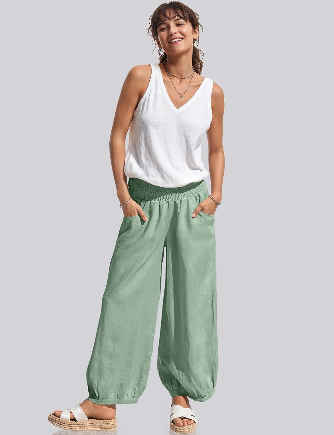 TARSE Womens Linen Wide Leg Pants Casual Loose Elastic Waisted Barrel Beach Palazzo Pants with Pockets