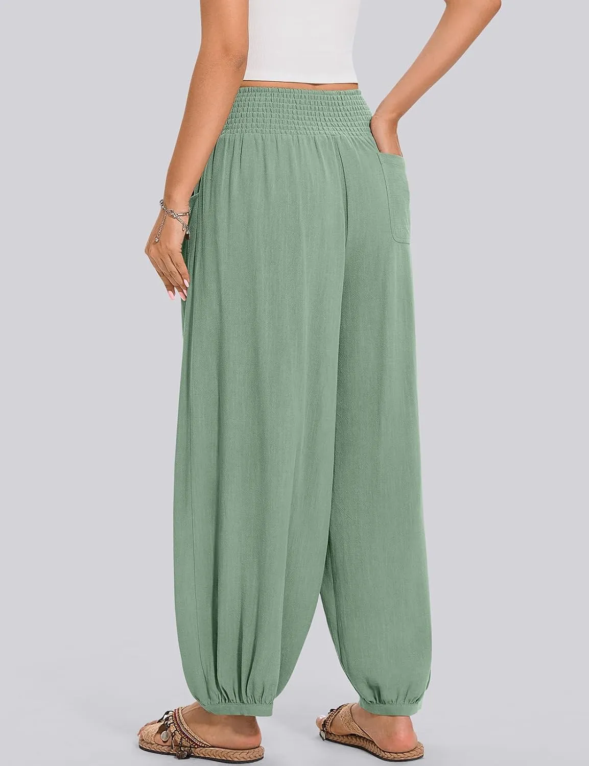 TARSE Womens Linen Wide Leg Pants Casual Loose Elastic Waisted Barrel Beach Palazzo Pants with Pockets