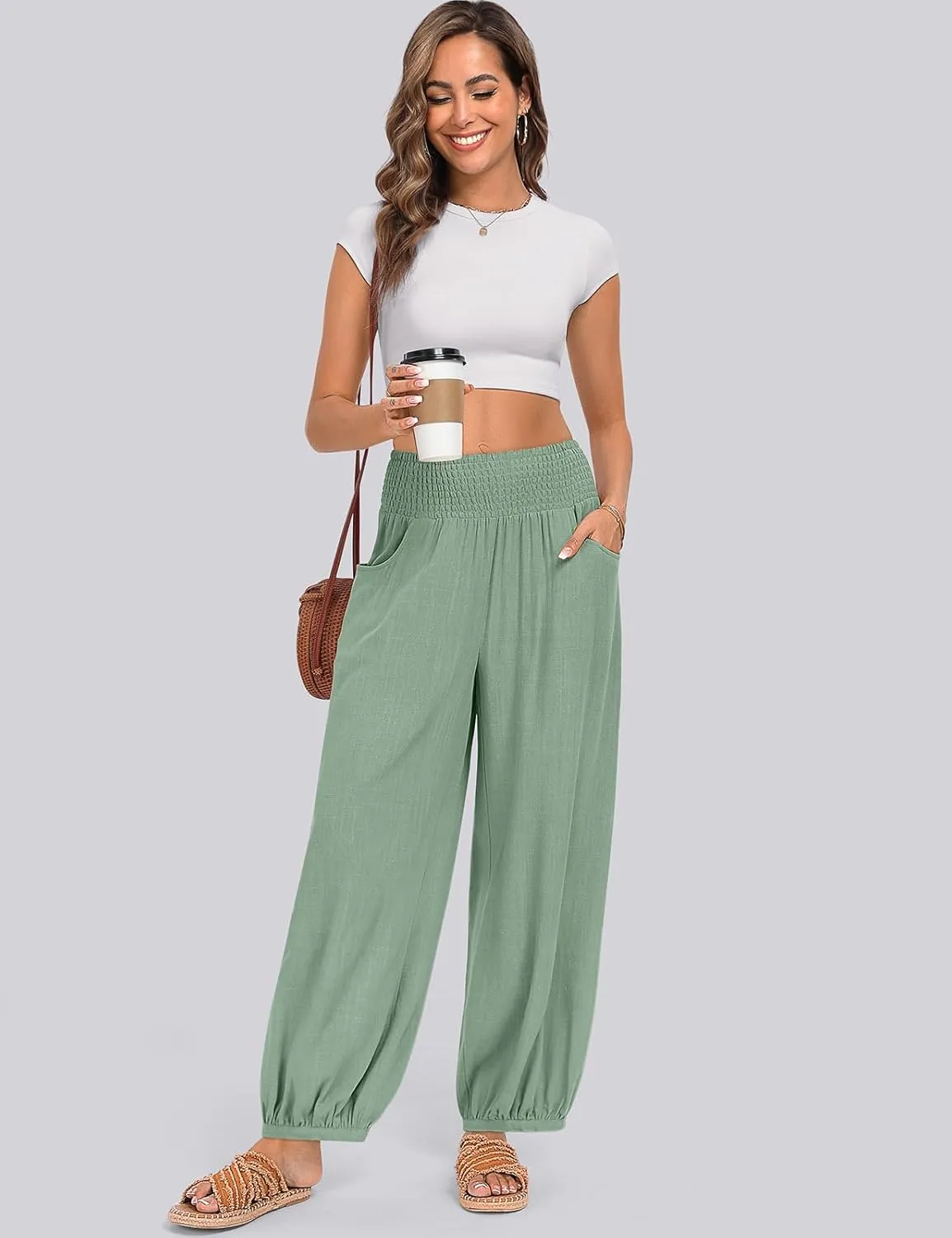 TARSE Womens Linen Wide Leg Pants Casual Loose Elastic Waisted Barrel Beach Palazzo Pants with Pockets