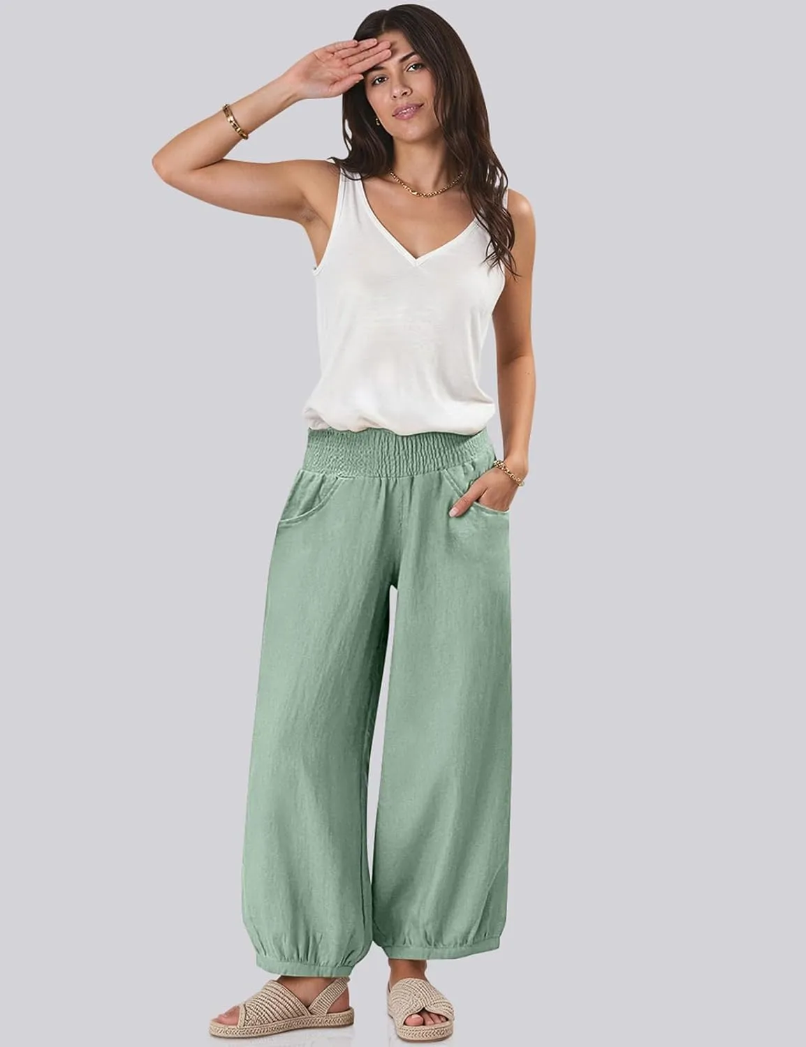 TARSE Womens Linen Wide Leg Pants Casual Loose Elastic Waisted Barrel Beach Palazzo Pants with Pockets
